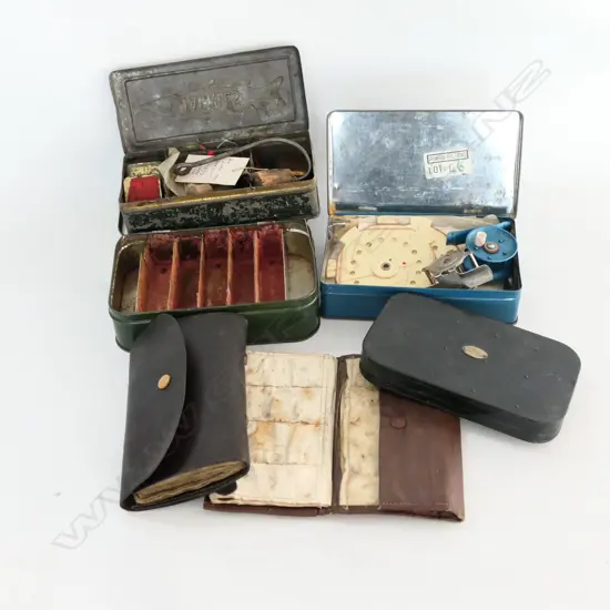 MALLOCH'S JAPANNED FLY BOX,  'TACKLES' TIN & CONTENTS, LEATHER FLY WALLET, JAPARA FLY WALLET, CASTS, ETC.